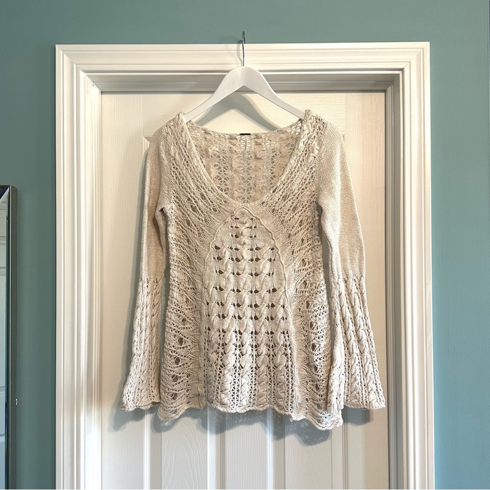 Free People Cream Crochet Knit Bell Sleeve Sweater